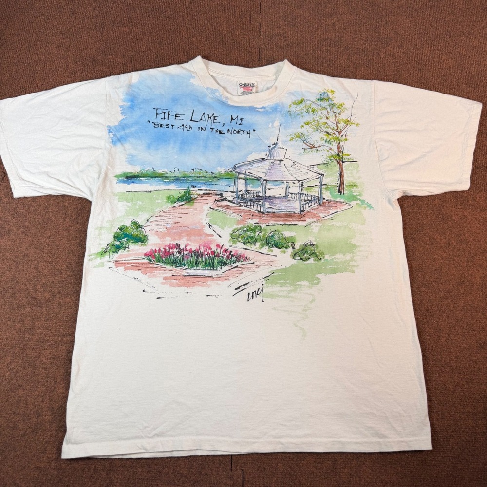 Oneita Fife Lake MI T-Shirt Women Large White Graphic Best 4th In The North USA